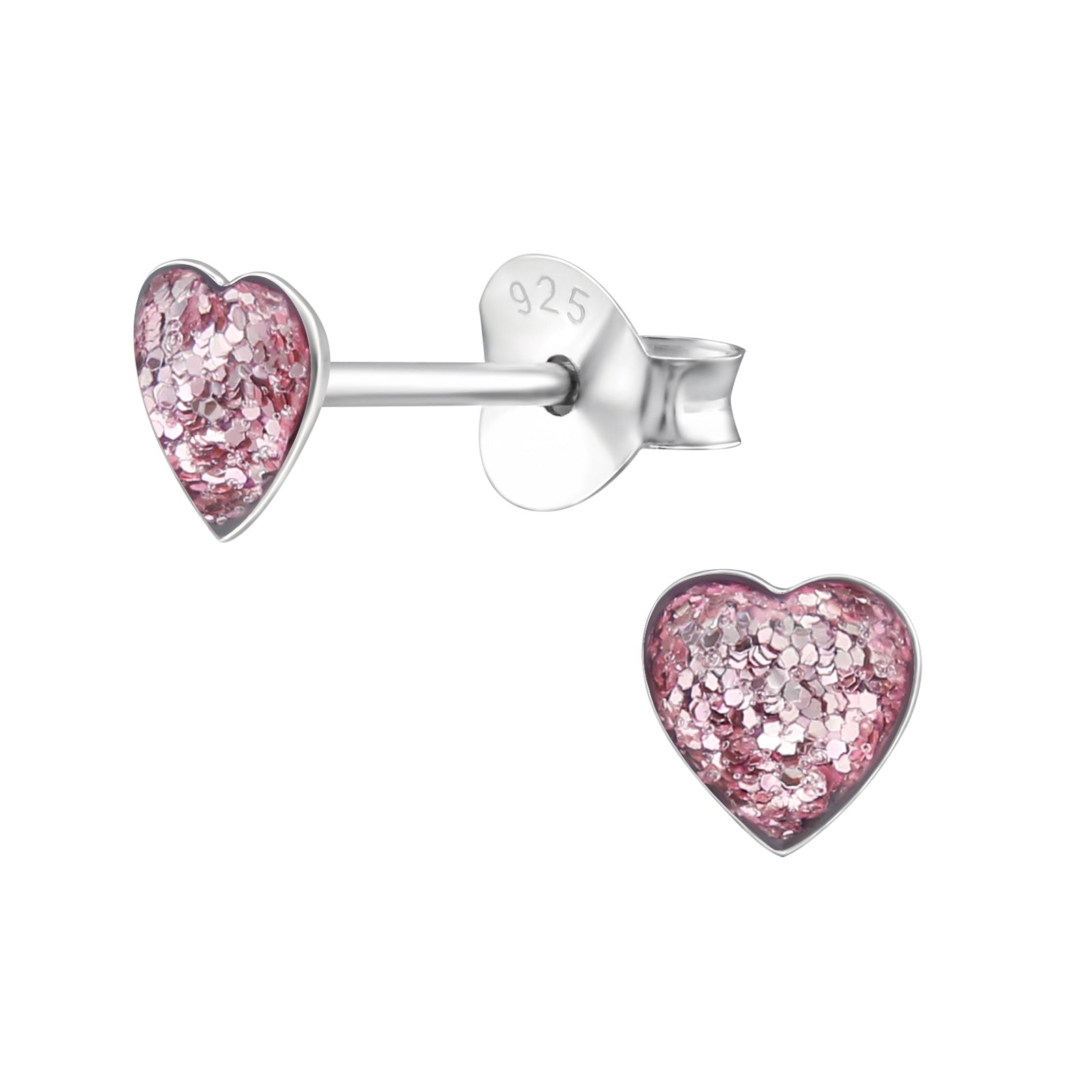 Glitter heart studs pink girls jewellery silver