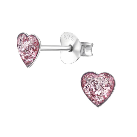 Glitter heart studs pink girls jewellery silver