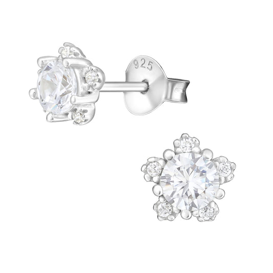 Floral cubic zirconia sterling silver studs